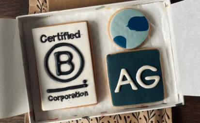 Cookies iced with "Certified B Corporation" and the AG logo