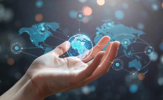 An open palm in front of a backdrop of a global map